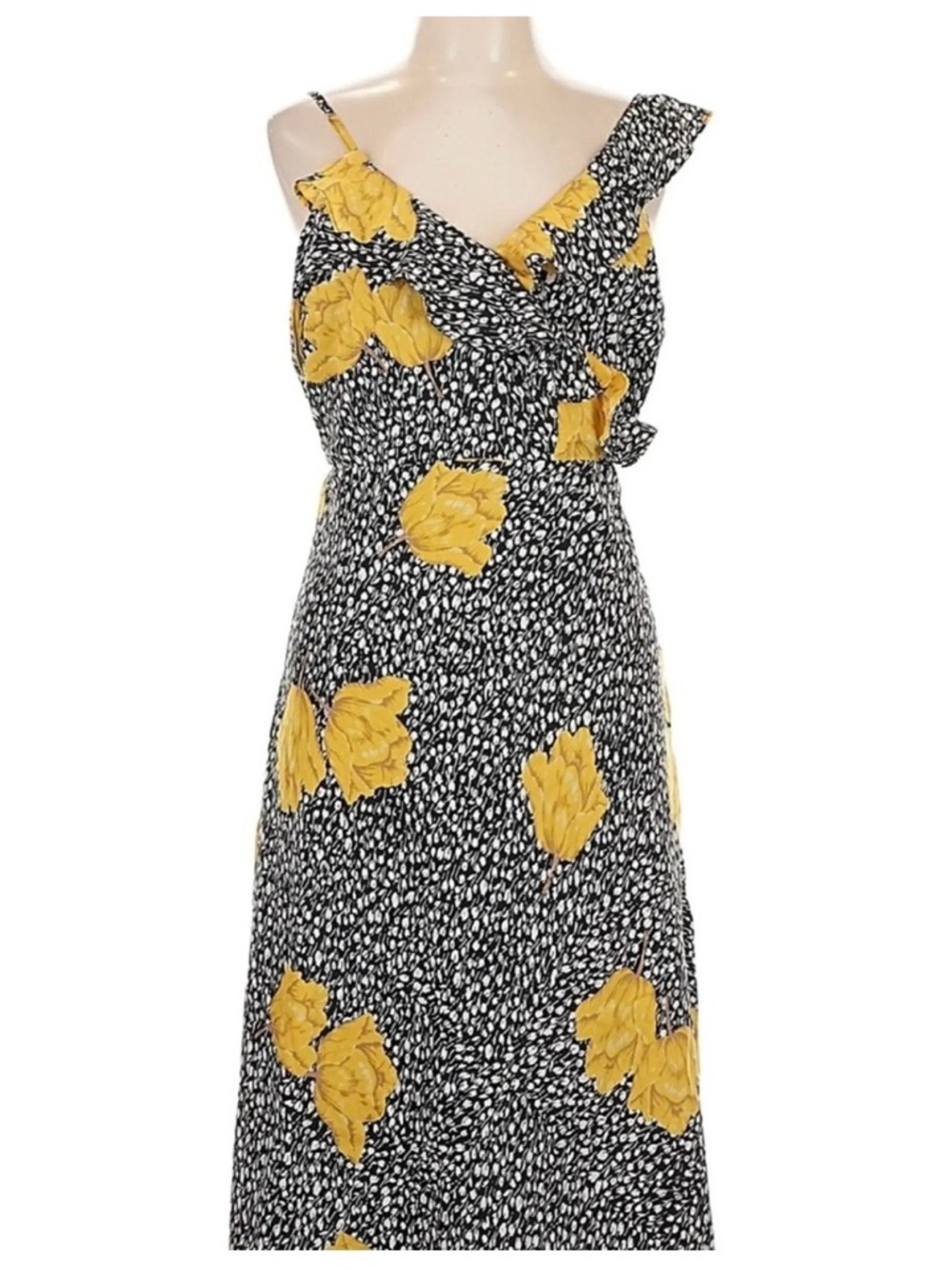 ModCloth one shoulder black Midi Dress with Yellow Floral Accents